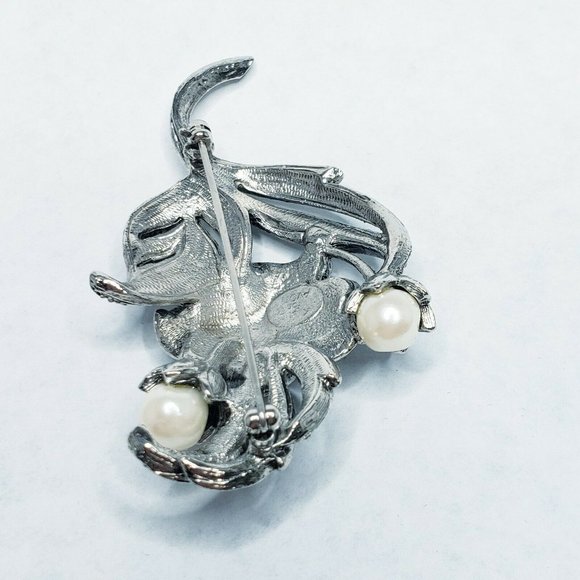 KJL Kenneth Jay Lane Marcasite Faux Pearls Rhinestone Flower Brooch Pin Signed - Picture 4 of 5